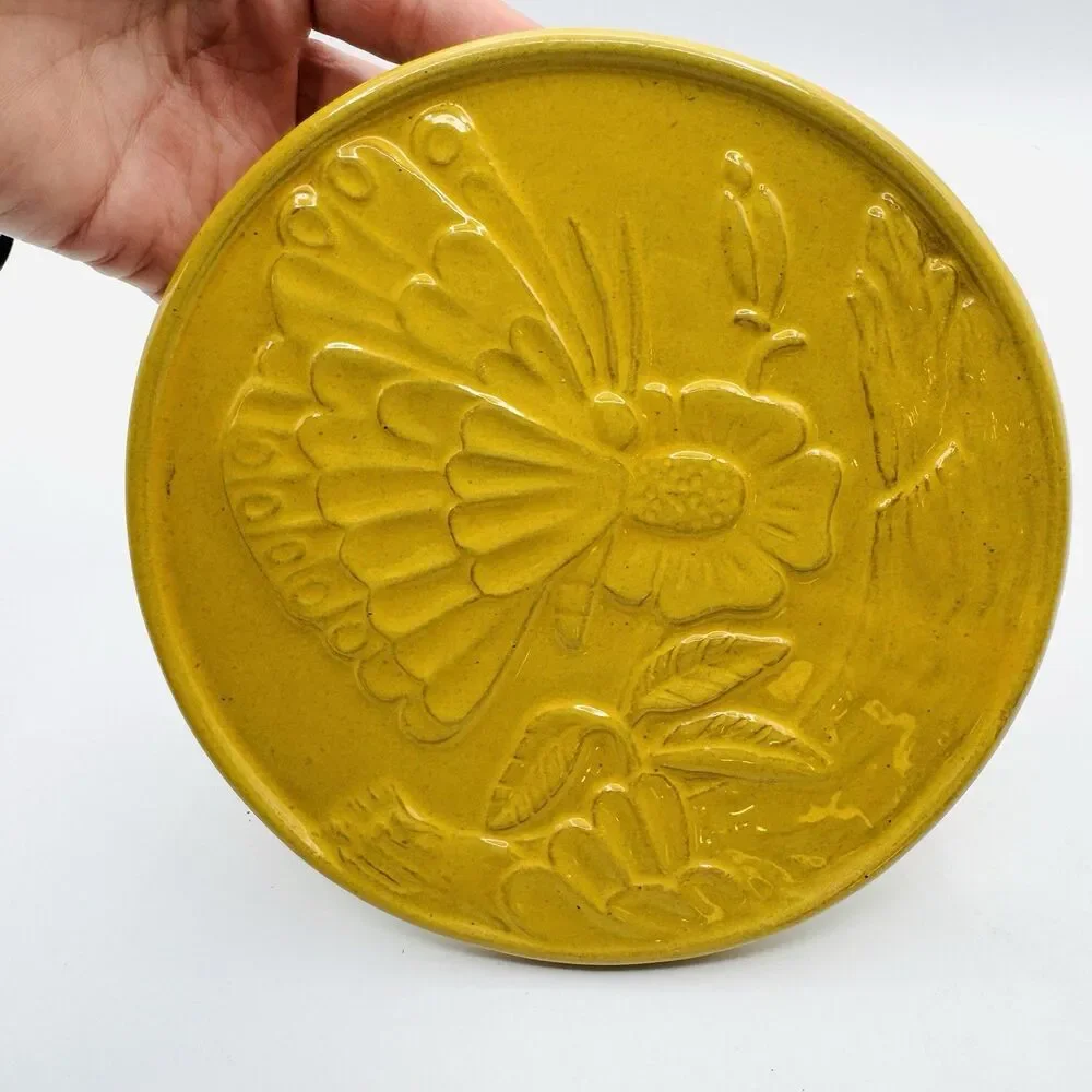 FRANKOMA Art Pottery BUTTERFLY Trivet Ceramic yellow Round Footed Hot Plate